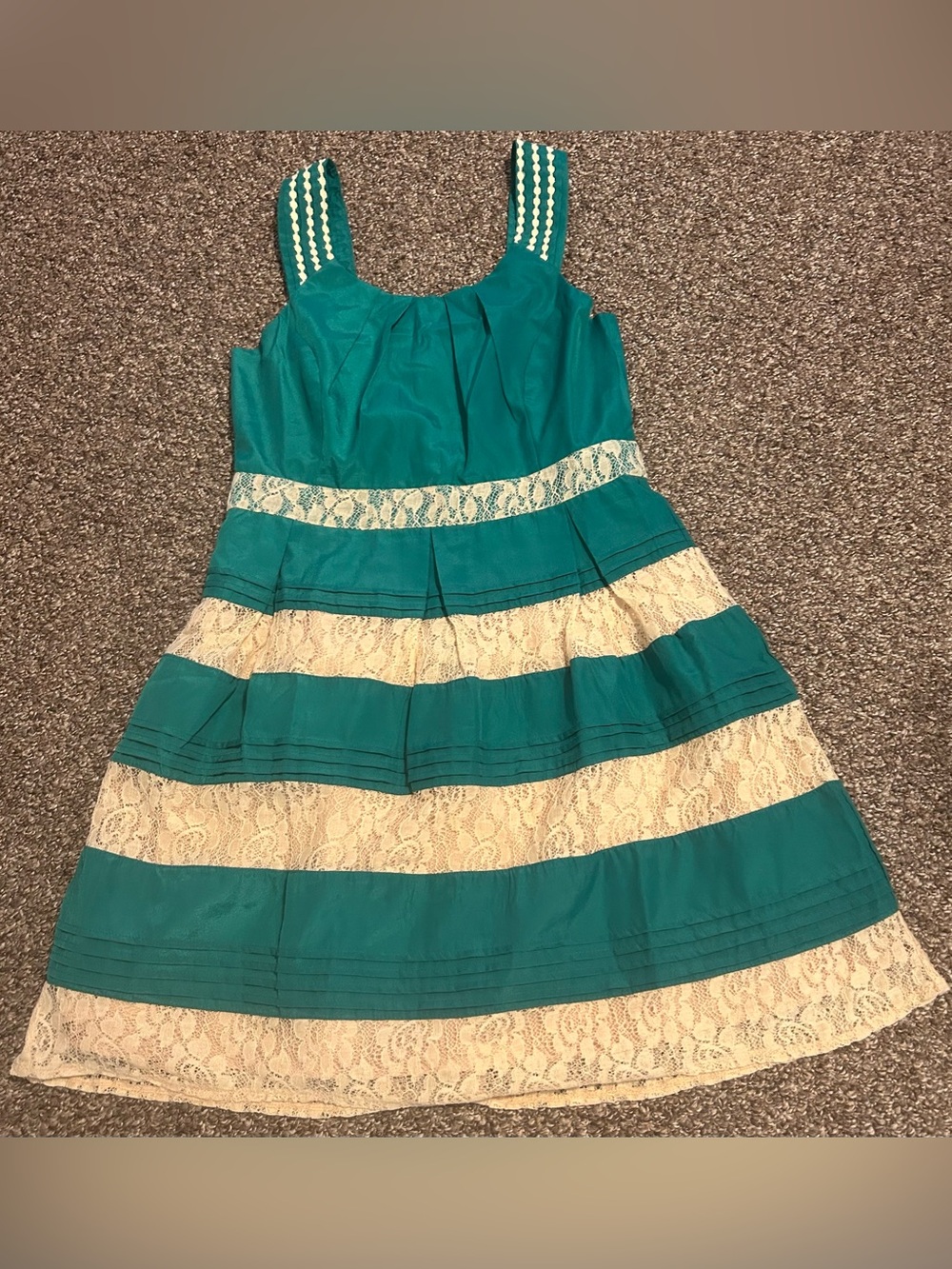 RYU L Women’s Teal and Cream Lace Tiered Dress Pleated Tiers and Thick Straps